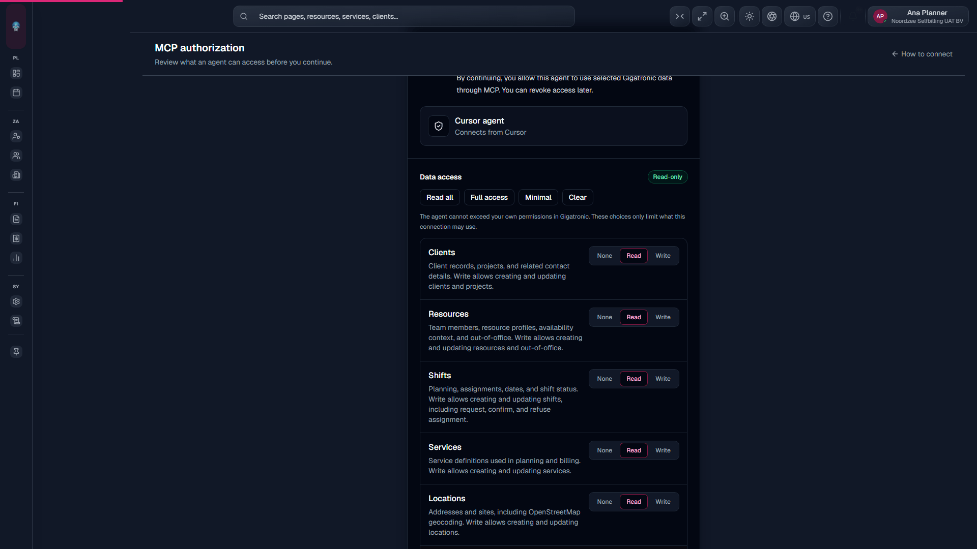 Gig-a-tronic consent screen with permission levels for shifts, people, clients, and related areas