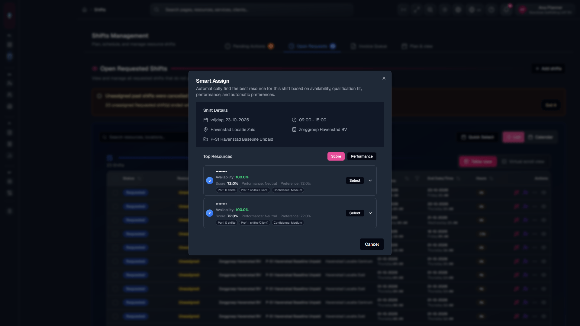 Smart Assign modal dialog with ranked candidates