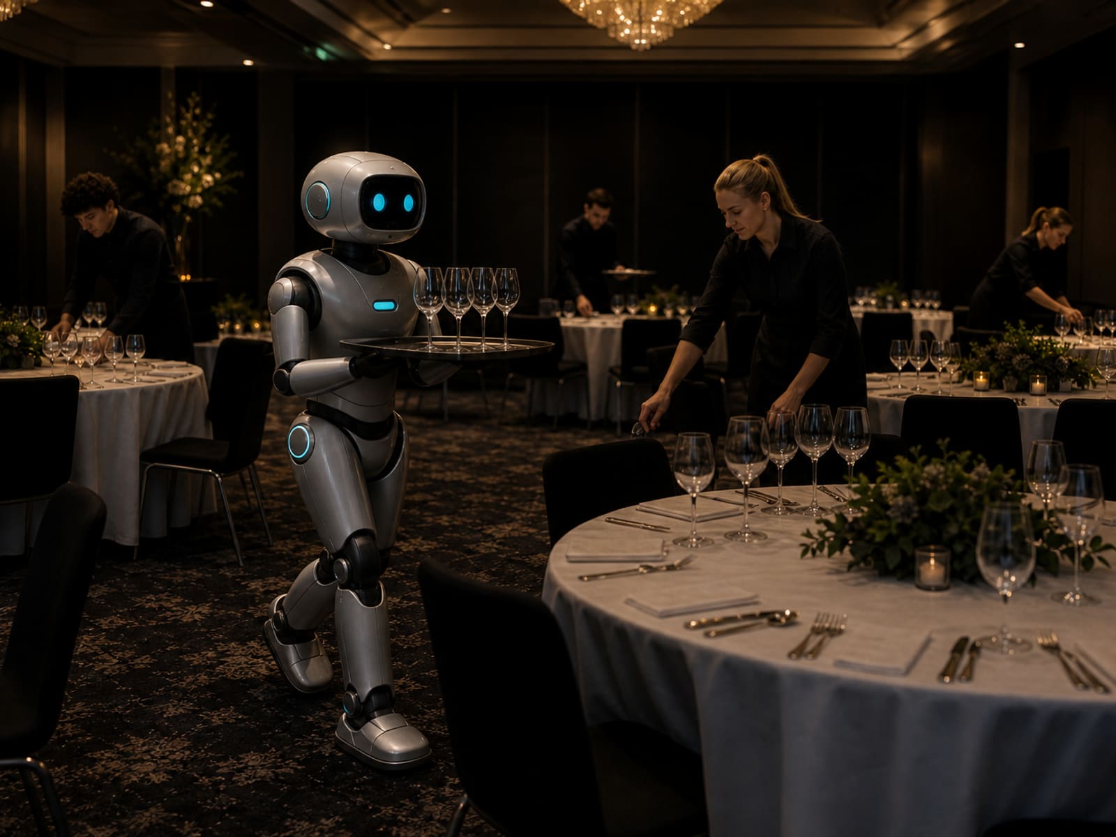 Evening banquet hall where hospitality staff work beside a bipedal Gigatronic robot.