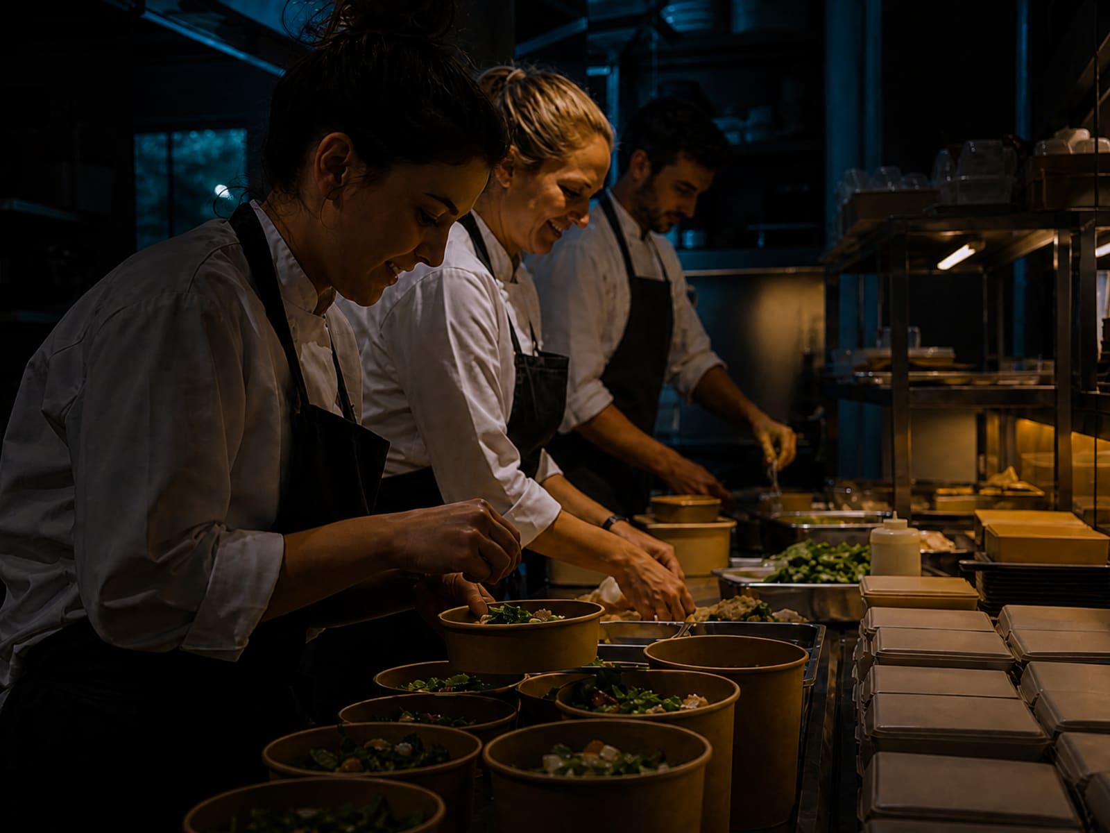 Chefs plating takeaway meals in a dark commercial kitchen with teal accent lights.