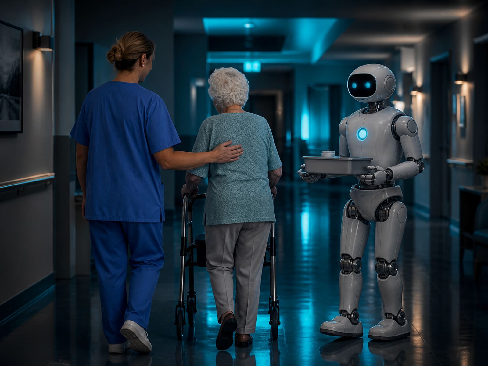Night-lit hospital corridor where a care worker walks beside a bipedal Gigatronic robot.