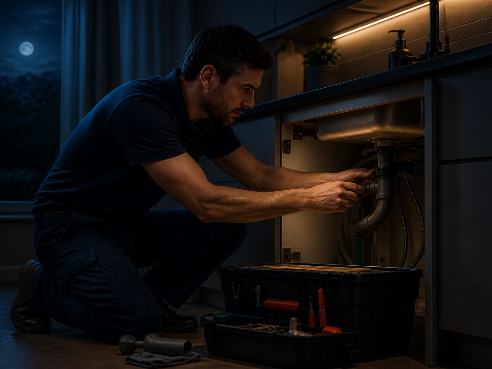 A tradesperson works under a kitchen sink in a dimly lit evening home.