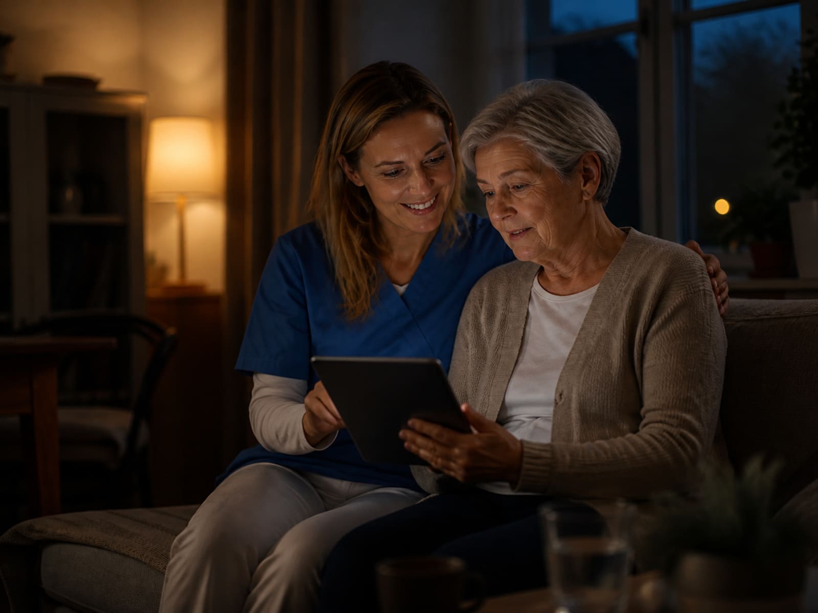A care worker supports an older adult at home in a softly lit evening living room.