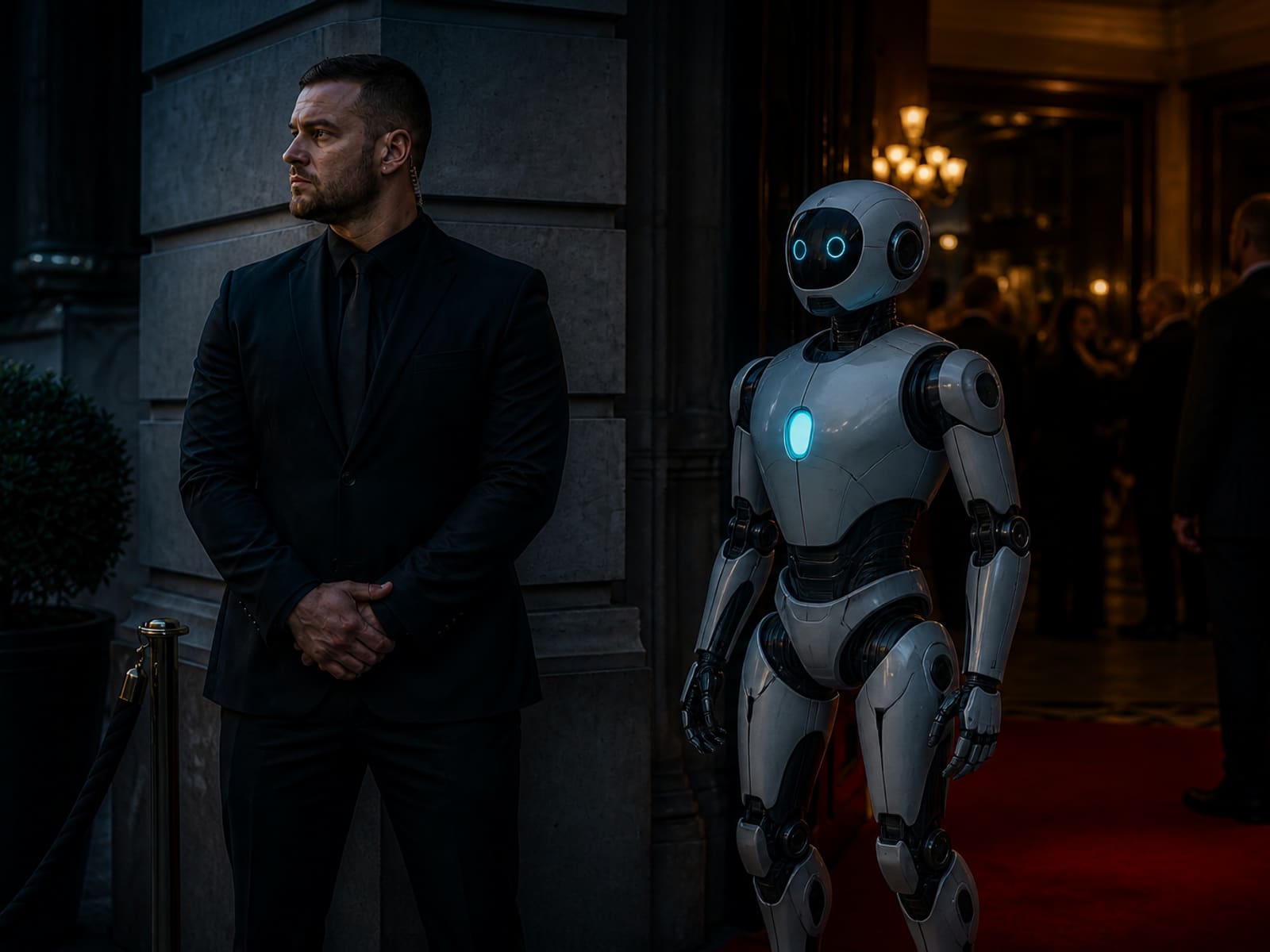 A security officer at a night venue entrance beside a bipedal Gigatronic robot.