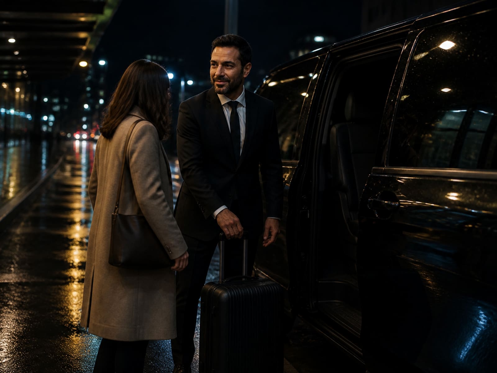 A driver stands beside a transport van at a rainy night city hub.
