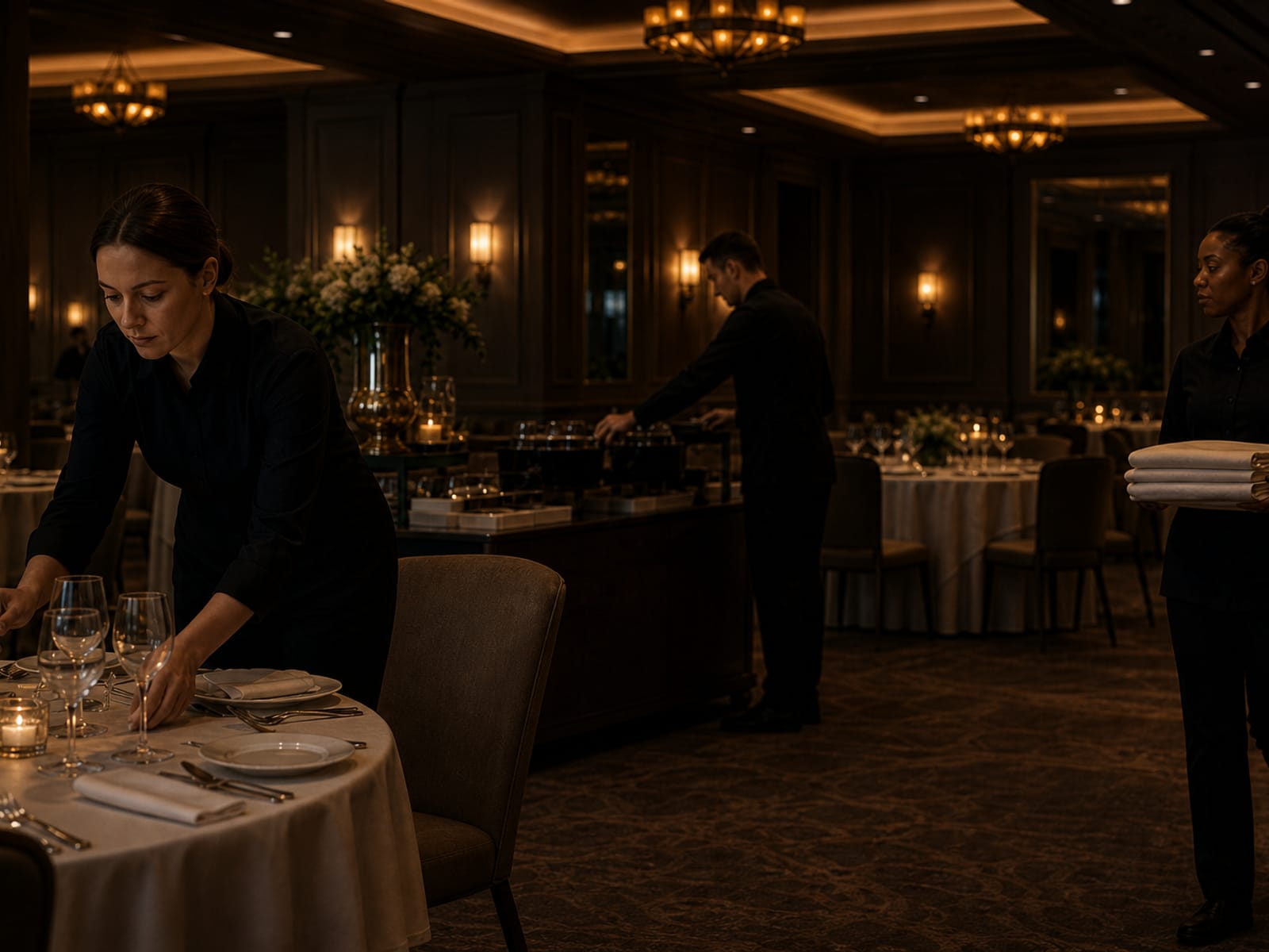 Hospitality staff in black uniforms prepare tables in a dimly lit banquet hall.