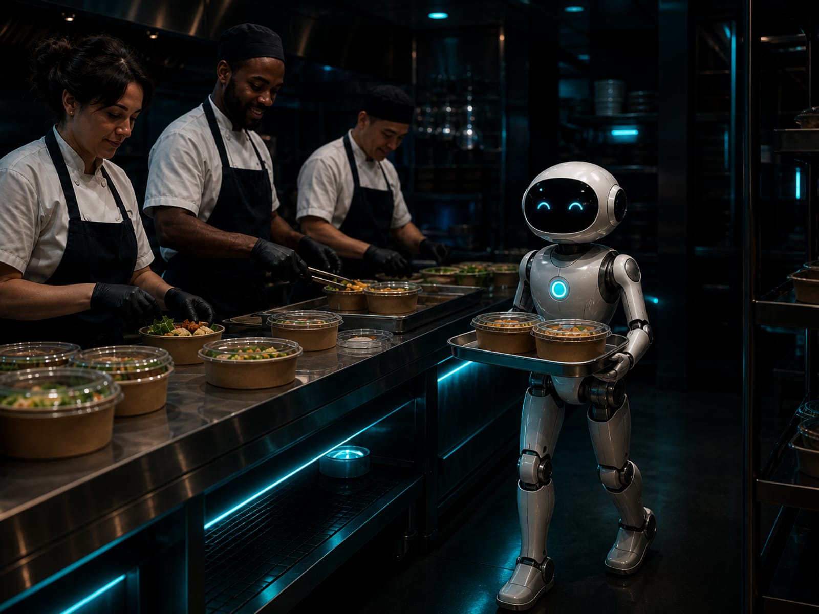 Koks bereiden maaltijden 's nachts terwijl een Gigatronic-robot met benen een tray met dozen vasthoudt.