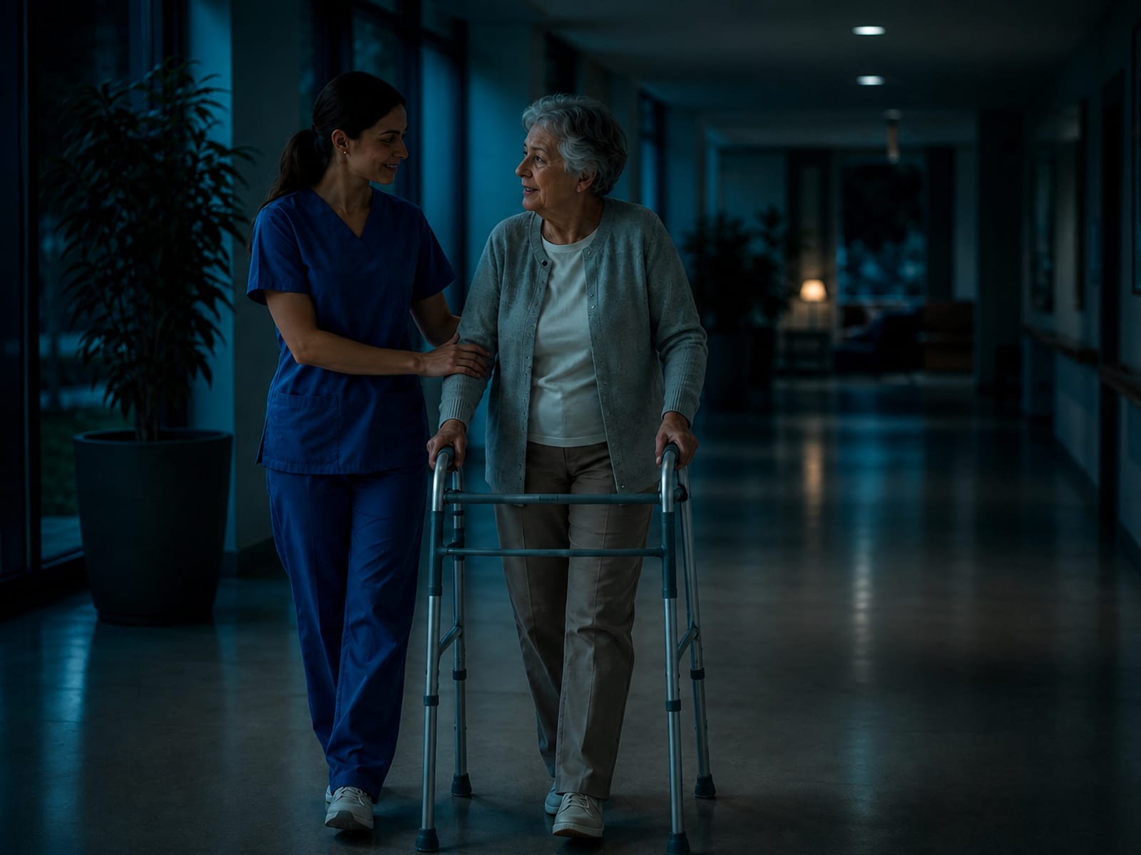 Een zorgmedewerker ondersteunt een oudere met een rollator in een donkere ziekenhuisgang 's nachts.