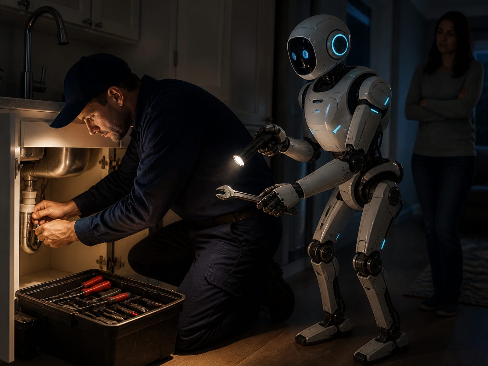 A tradesperson repairs under a sink at night while a bipedal Gigatronic robot holds a flashlight and wrench.