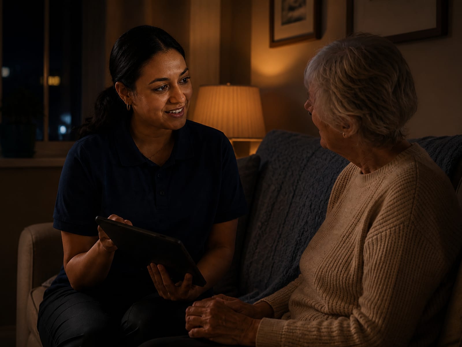 A care worker and an older adult talk over a tablet in a lamp-lit living room at night.