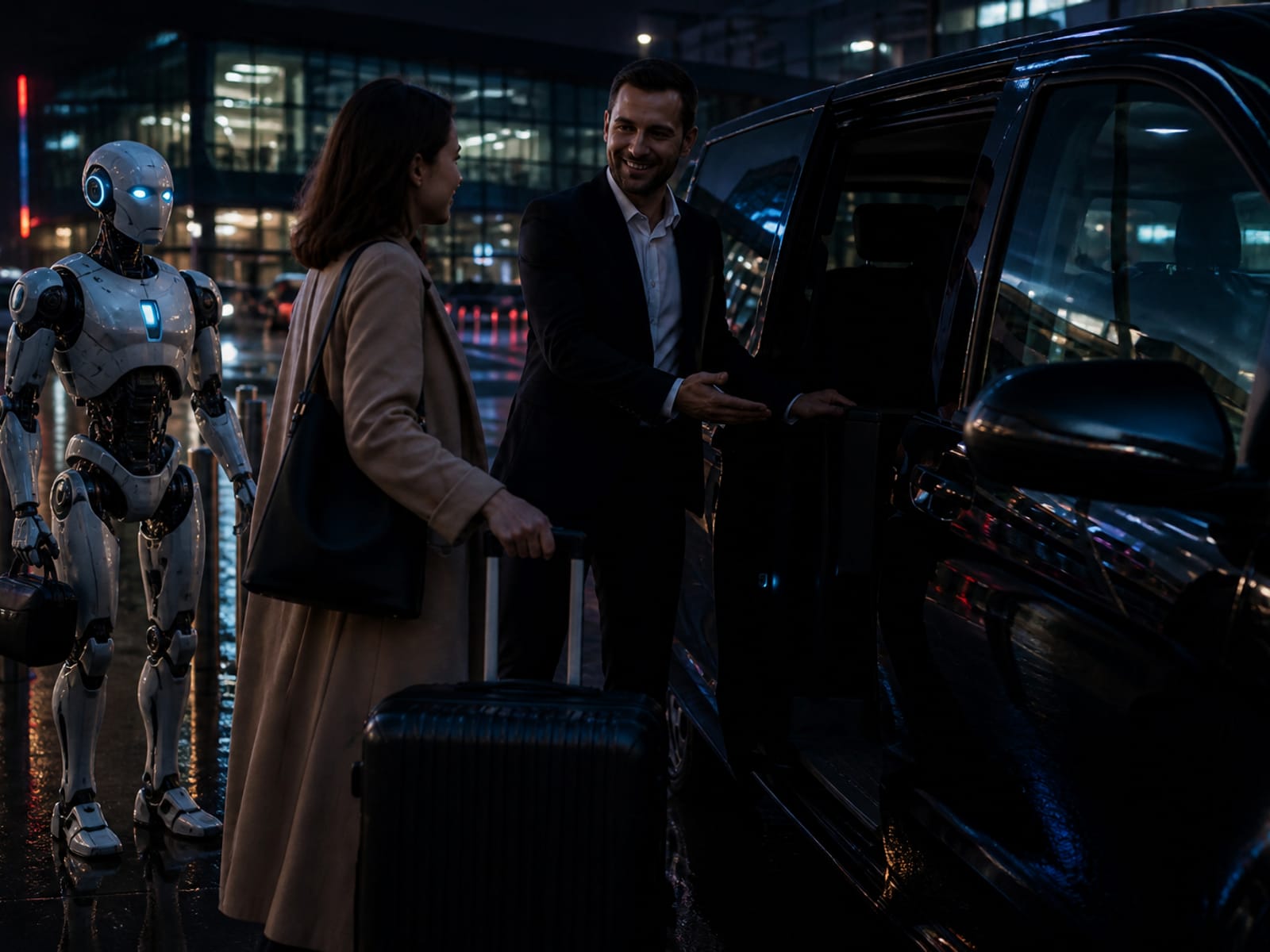 A driver helps a passenger into a van at night while a bipedal Gigatronic robot holds luggage.