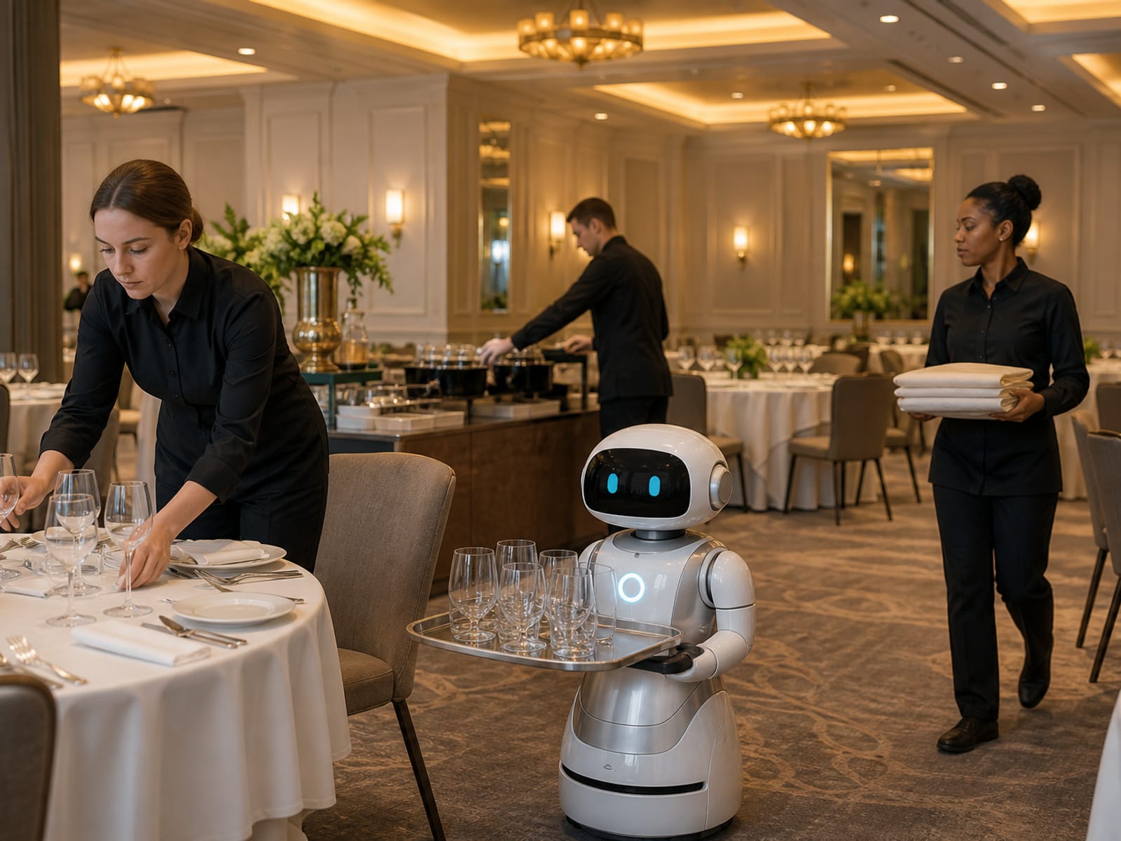 Hospitality staff prepare a venue while a Gigatronic robot brings glassware to the tables.