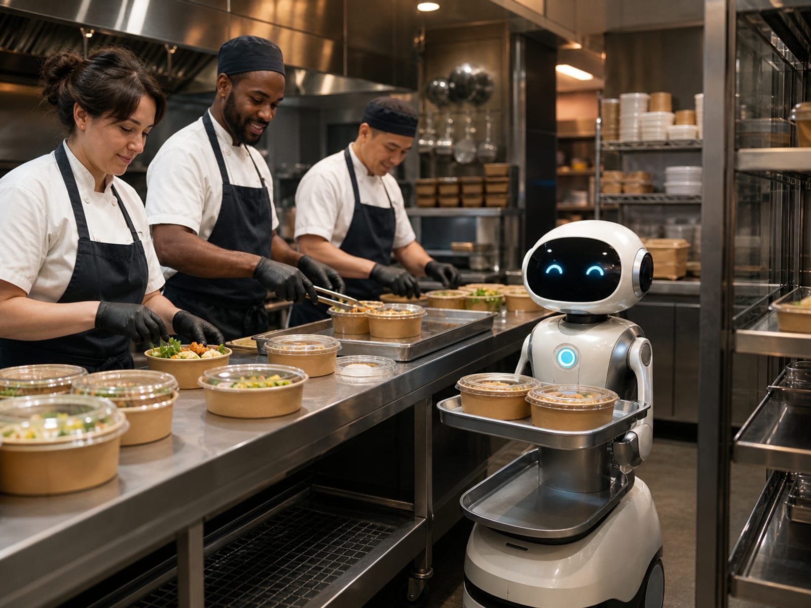 Een cateringteam bereidt maaltijden; een Gigatronic-robot verplaatst afgewerkte maaltijden naar de uitgifte.