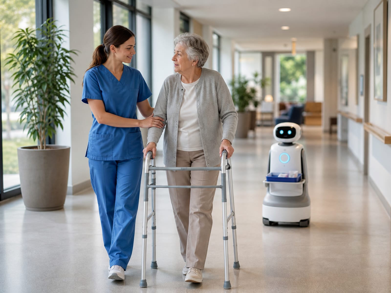Een zorgmedewerker begeleidt een oudere met een rollator; een Gigatronic-robot helpt met logistiek op de achtergrond.