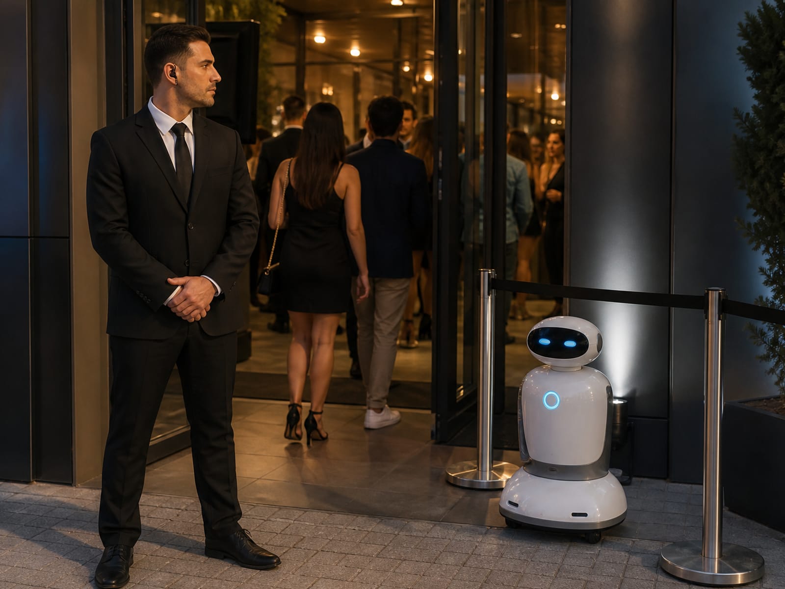 Een beveiliger bewaakt de ingang naast een Gigatronic-robot die de toegang ondersteunt.