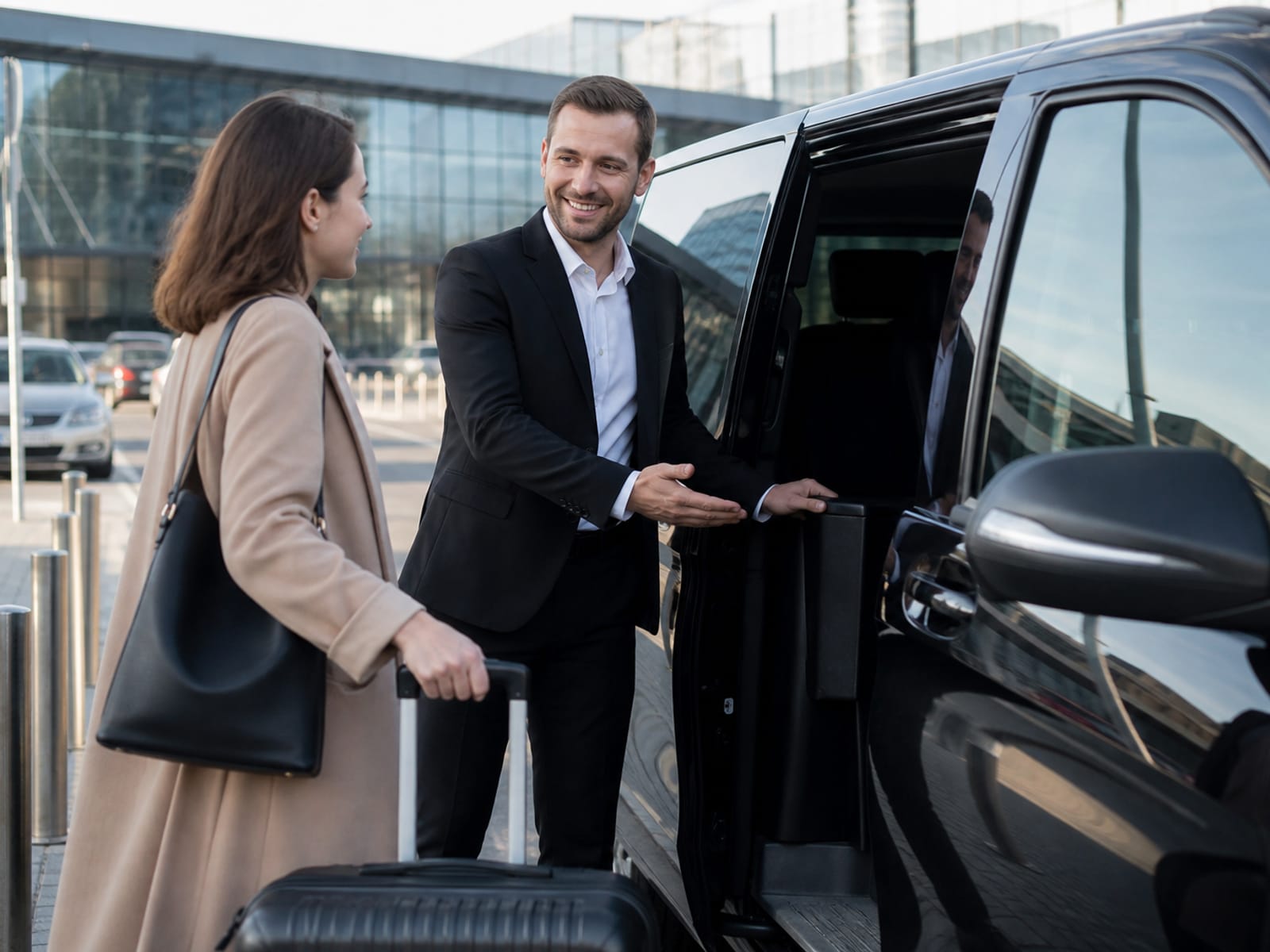 A driver helps a passenger board a transport van.