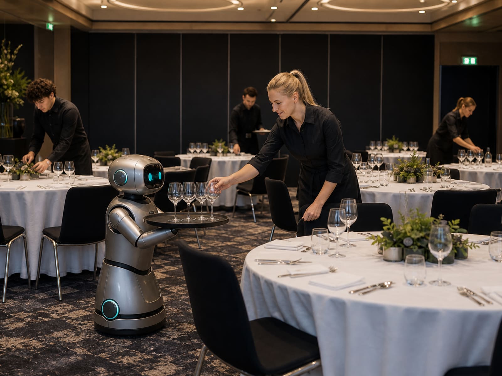 Hospitality staff preparing a banquet hall for an event.