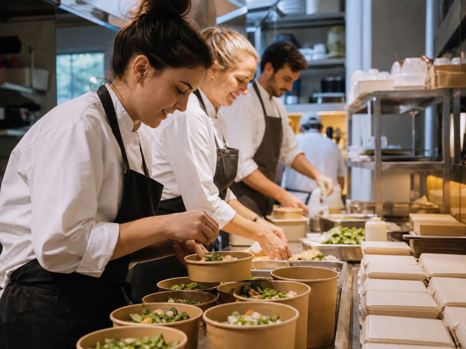 Catering team plating meals in a commercial kitchen.