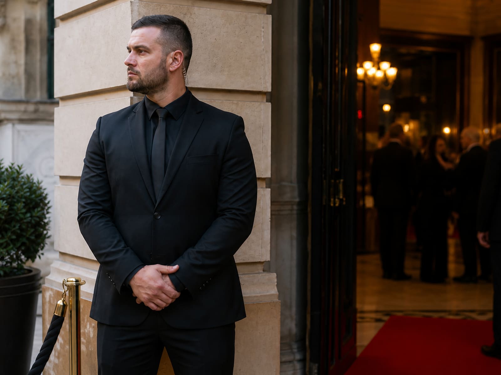 A security officer at a modern building entrance.