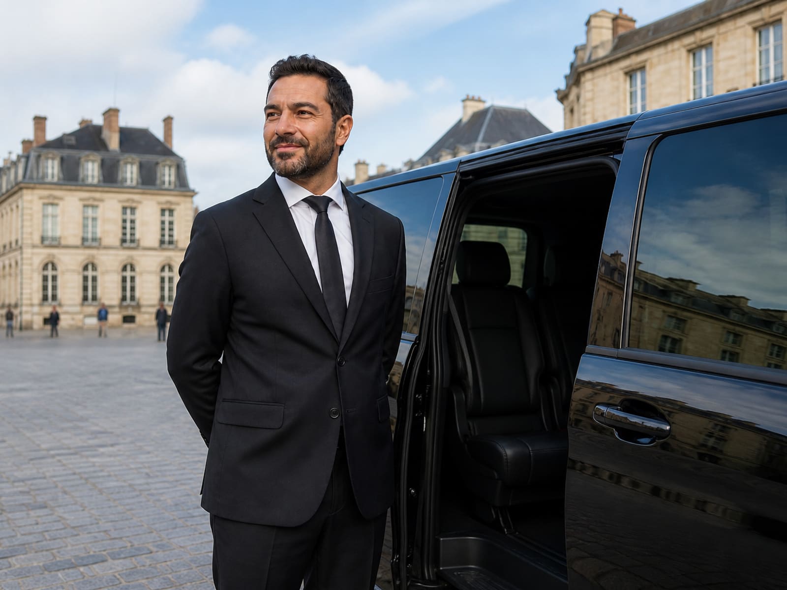 A professional driver ready beside a transport van in the city.