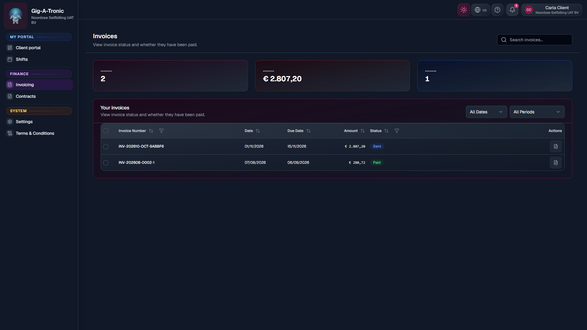 Client-scoped Invoicing list (/invoicing).