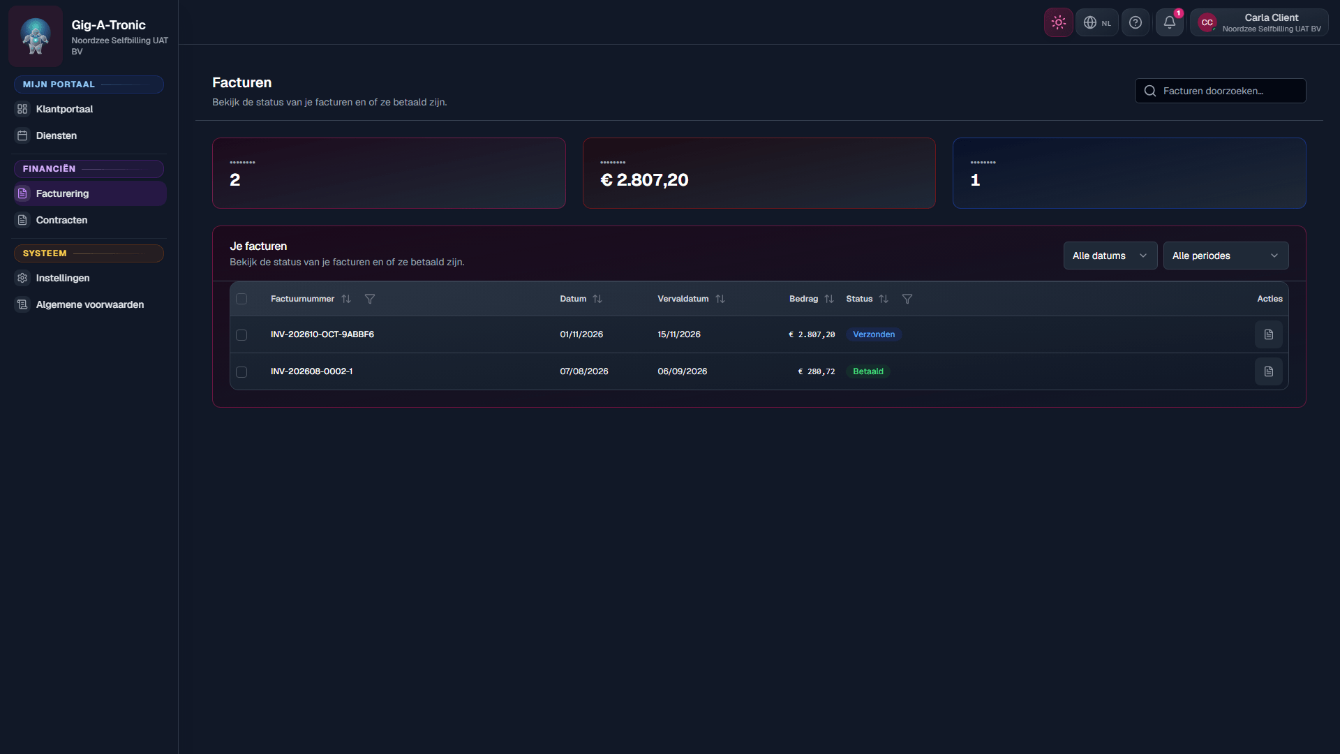 Client-scoped Factureringslijst (/invoicing).
