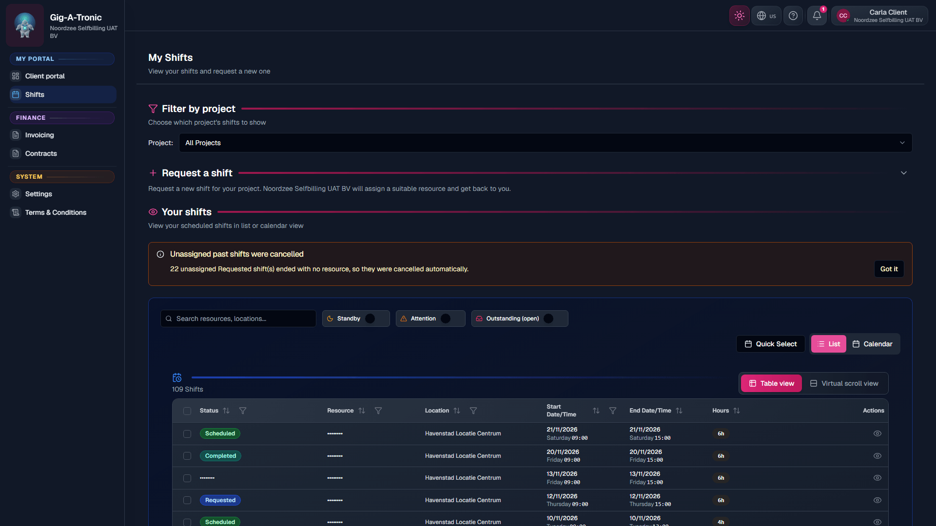 Client-scoped Shifts list (/shifts).