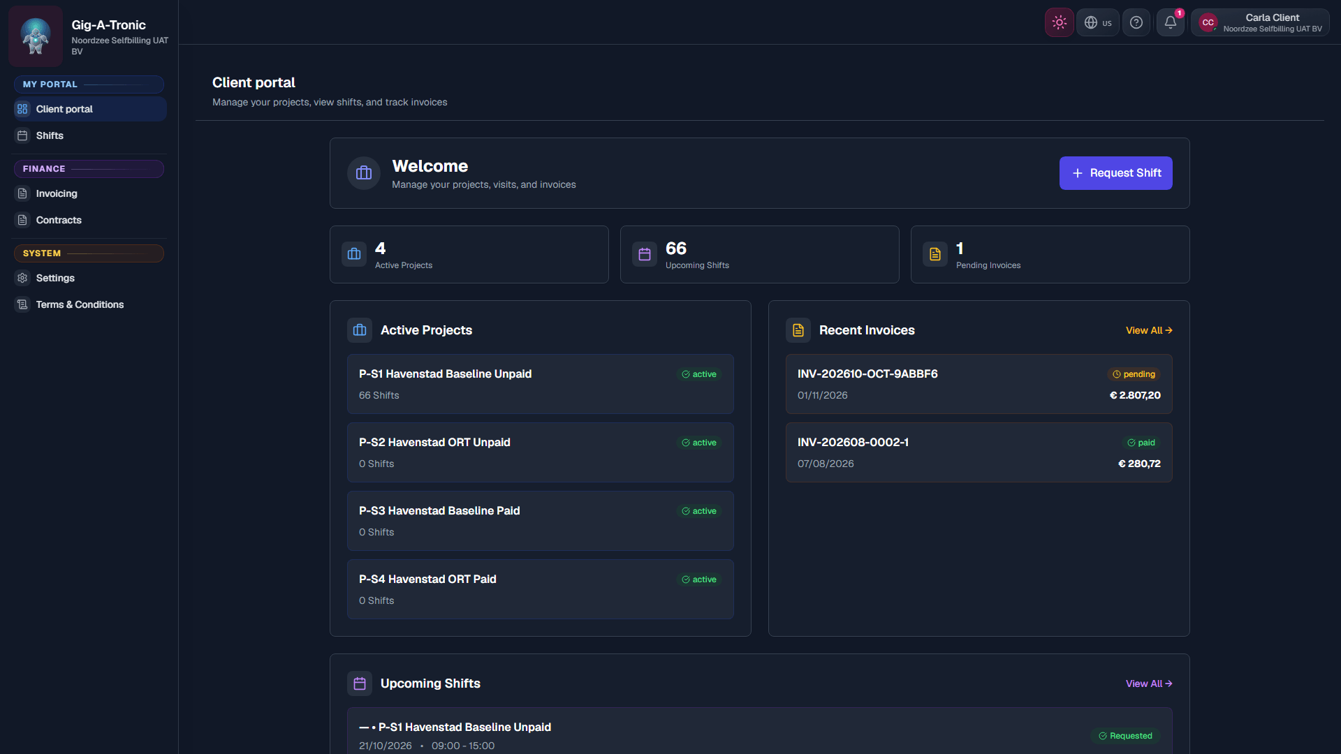 Client Dashboard: welcome and stats cards (/client-portal).