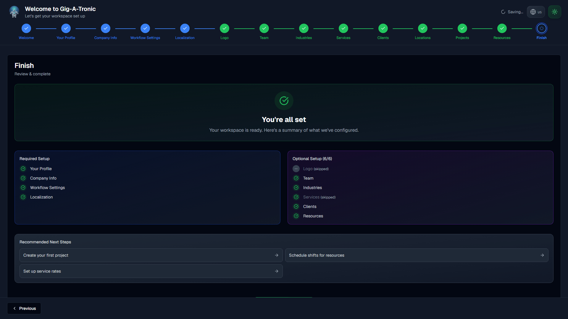 Finish (Quick Setup): needs industry, service, and IBAN; then Go to Dashboard.
