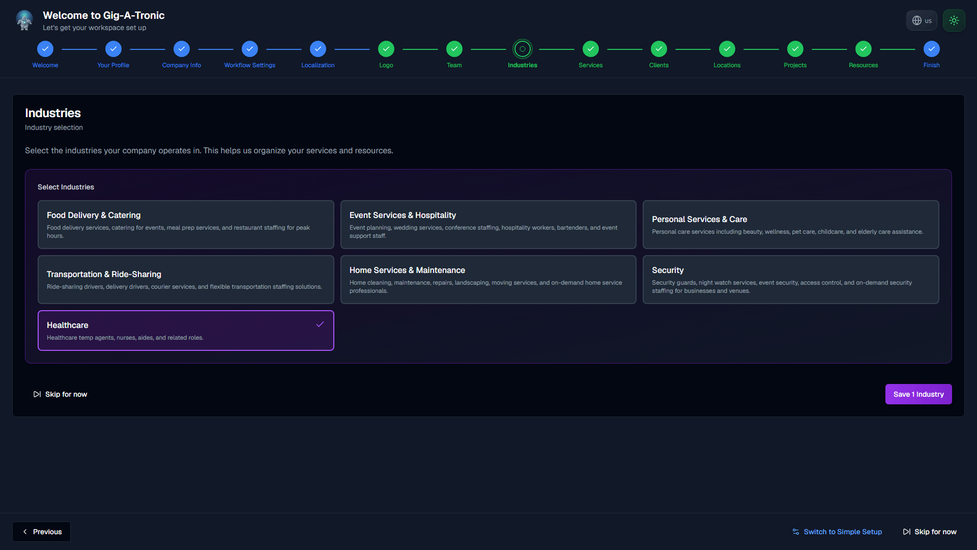 Industries: select before you can add services.