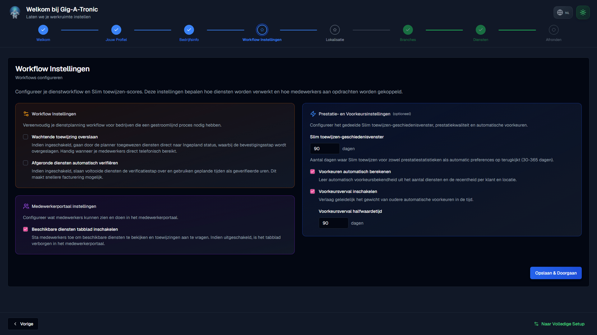Workflow Instellingen: dienstenstroom, Slim toewijzen, portaalopties.