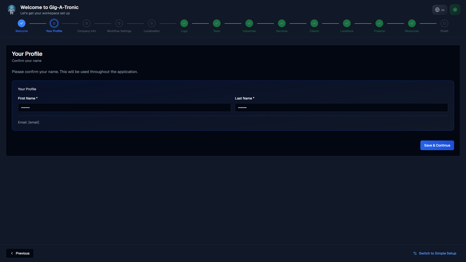 Your Profile: confirm name (shared by Quick Setup and Personal).