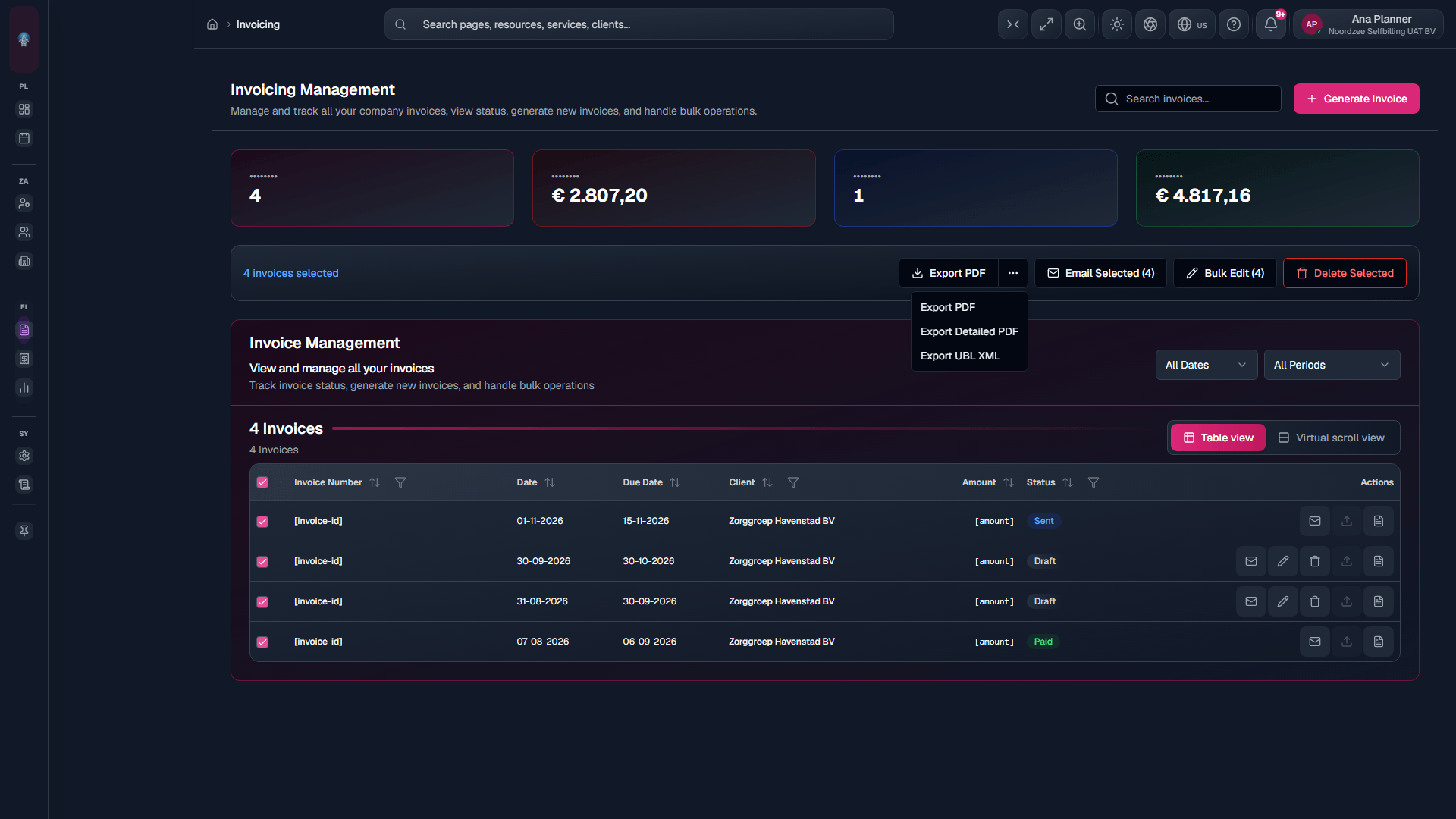 Invoicing: export menu or bulk selection chrome.