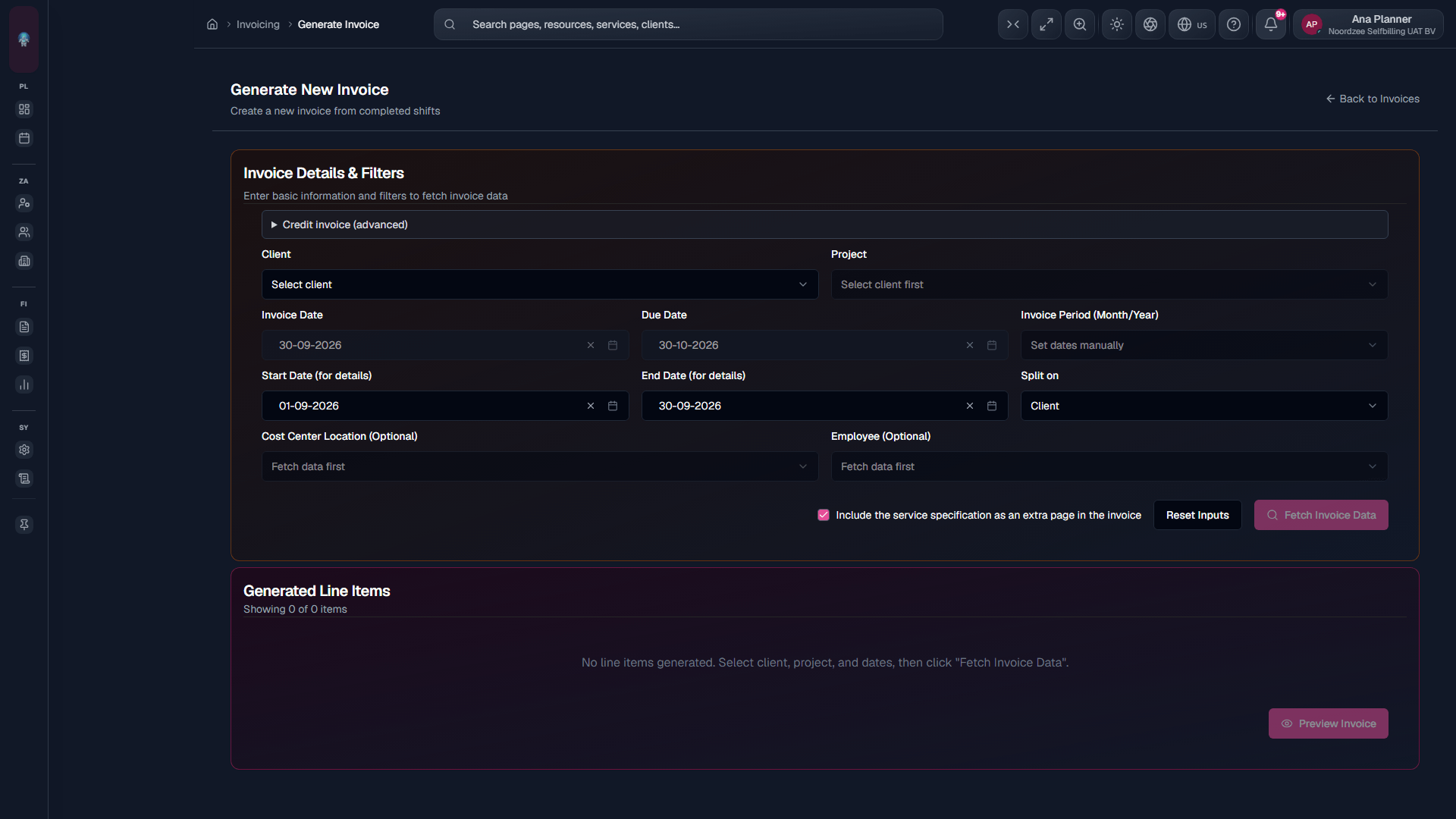 Generate Invoice: period/client/project form.