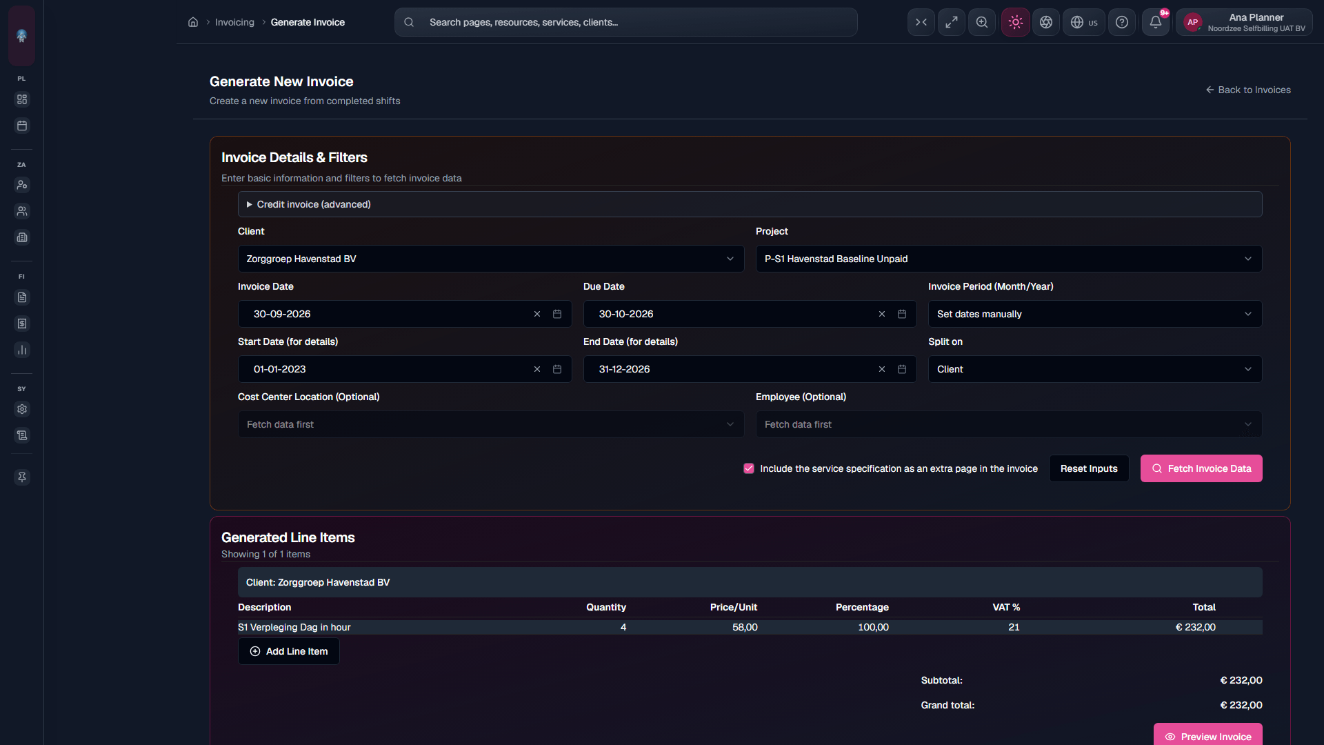 Generate Invoice: fetched line items (do not submit on capture).