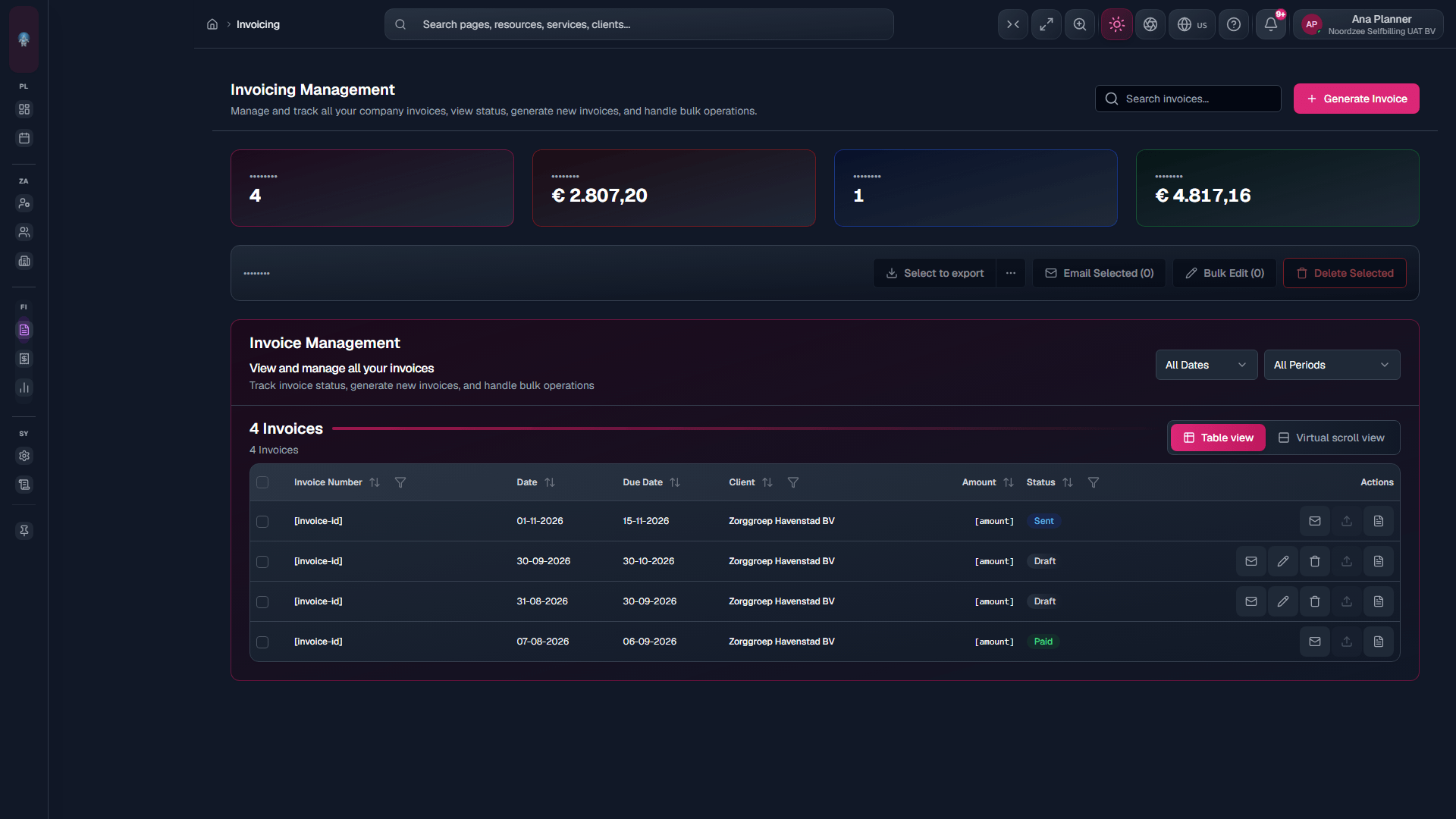 Invoicing: filters and invoice list.