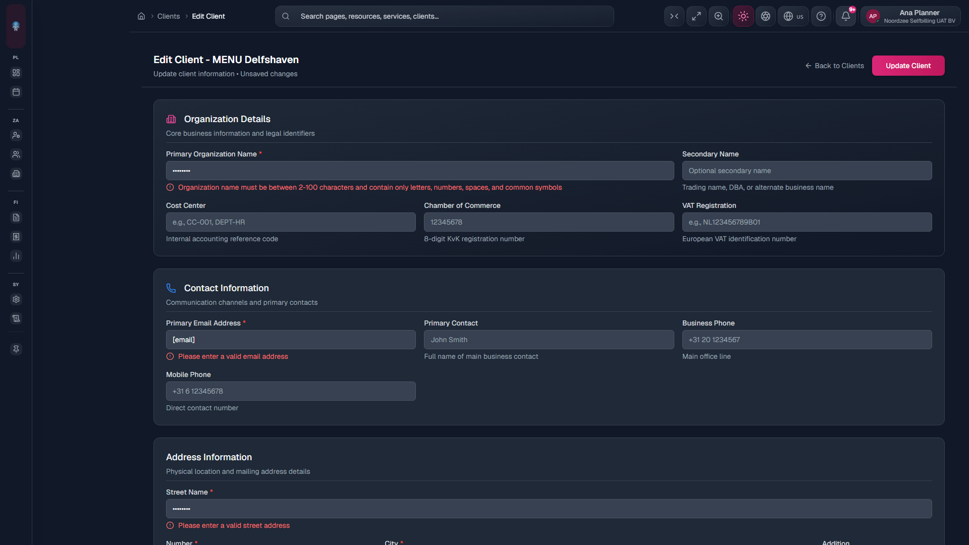 Edit client: update the same sections; reactivate inactive clients first.