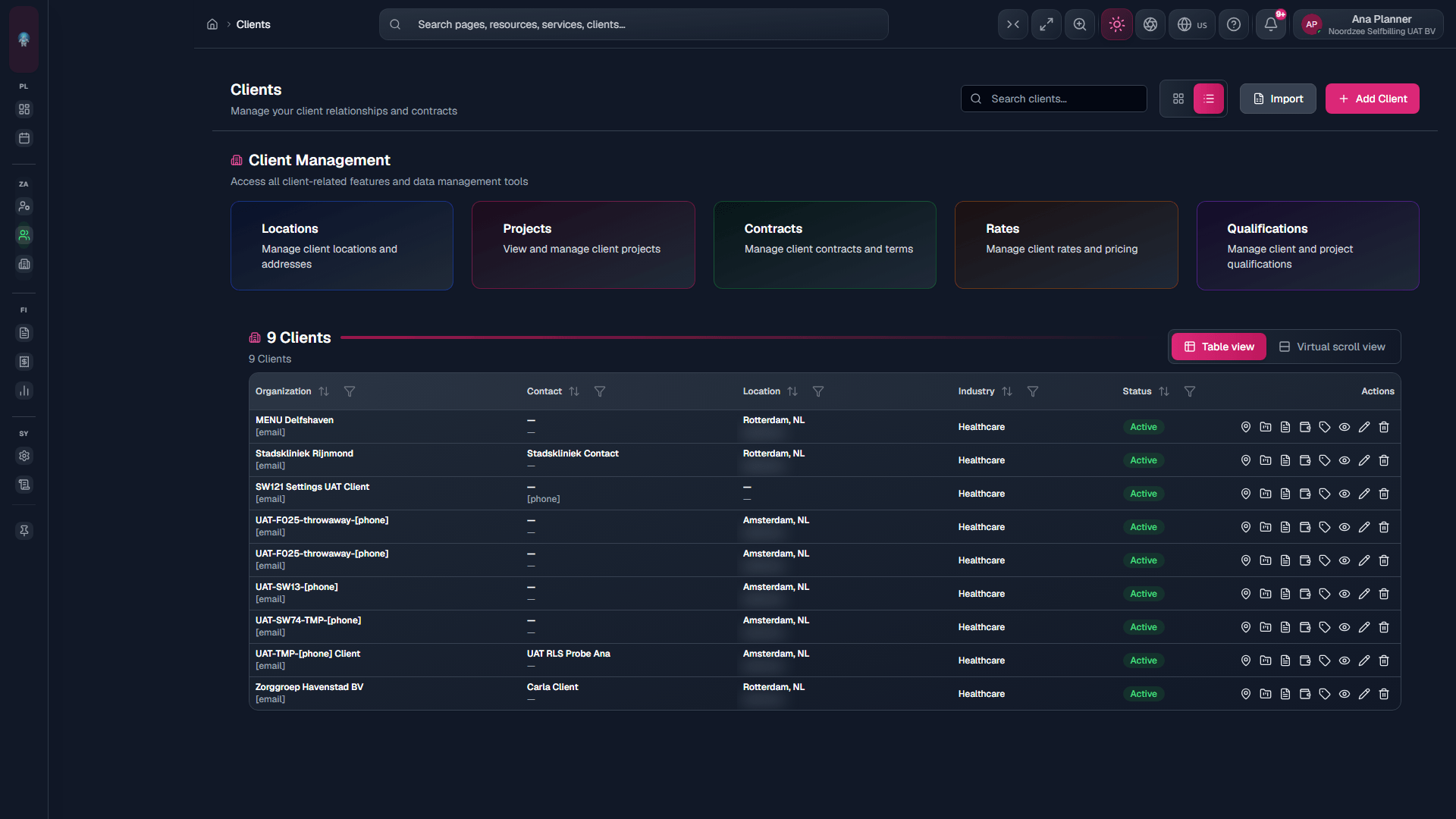 Clients list: search, filters, and management cards for locations, projects, contracts, rates, and qualifications.