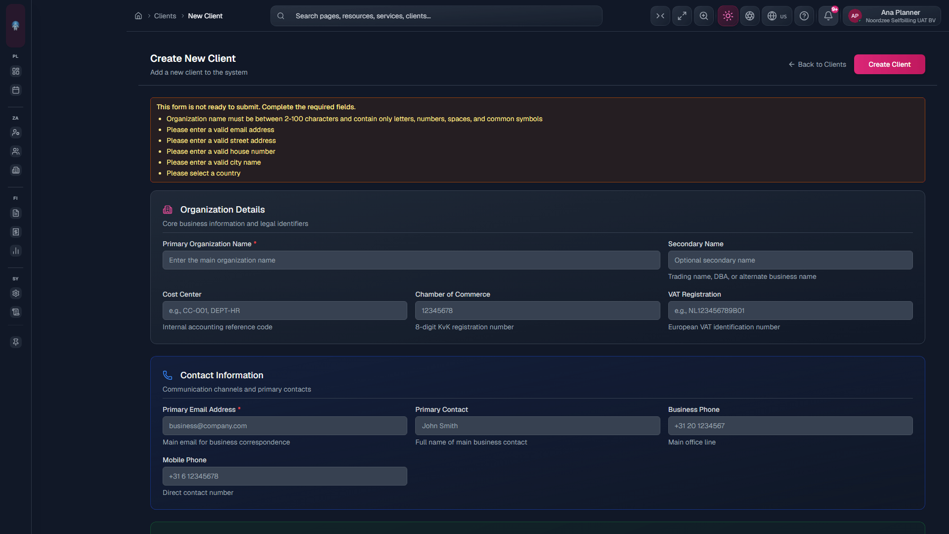 New client: organization, contact, address, type, industry, and validity.
