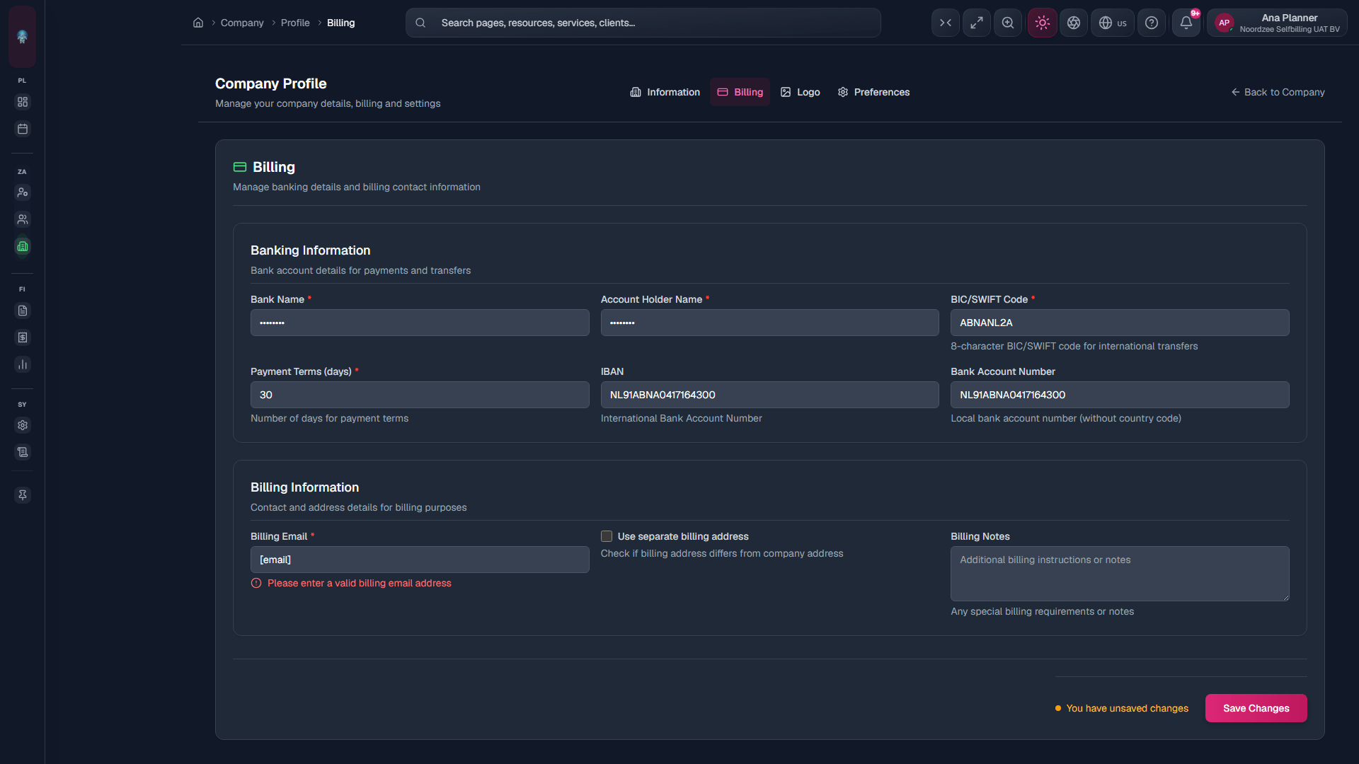Profile → Billing: plan/payment and billing identity fields.