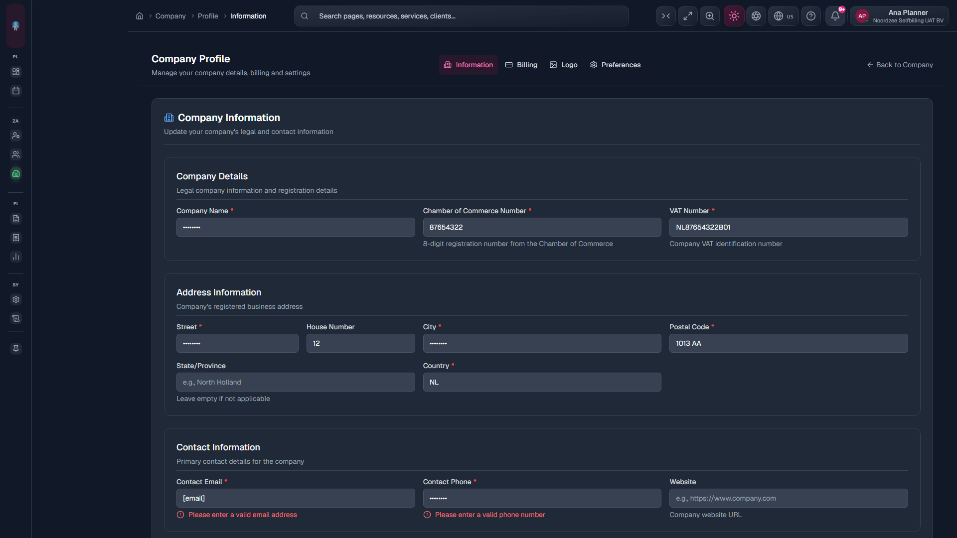 Profile → Information: company identity and contact (/company/profile/information).