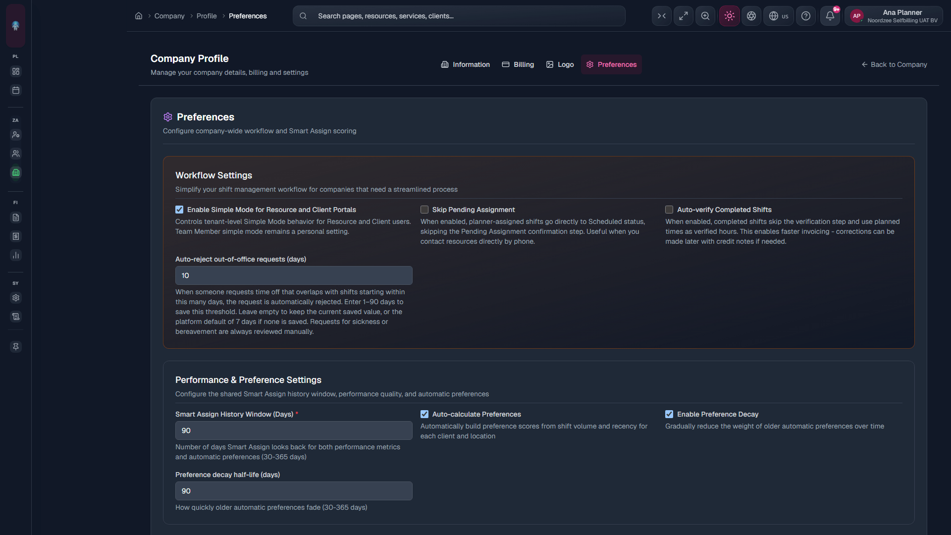 Profile → Preferences: workflow settings for shifts and portals.