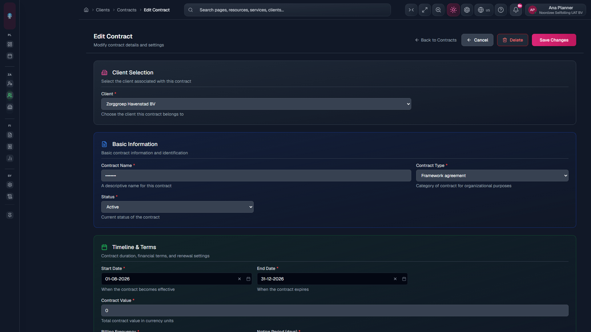 Edit contract: update billing terms without losing the agreement record.