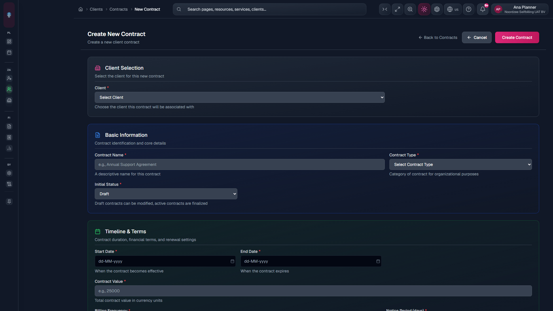 New contract: client, dates, type, value, billing frequency.