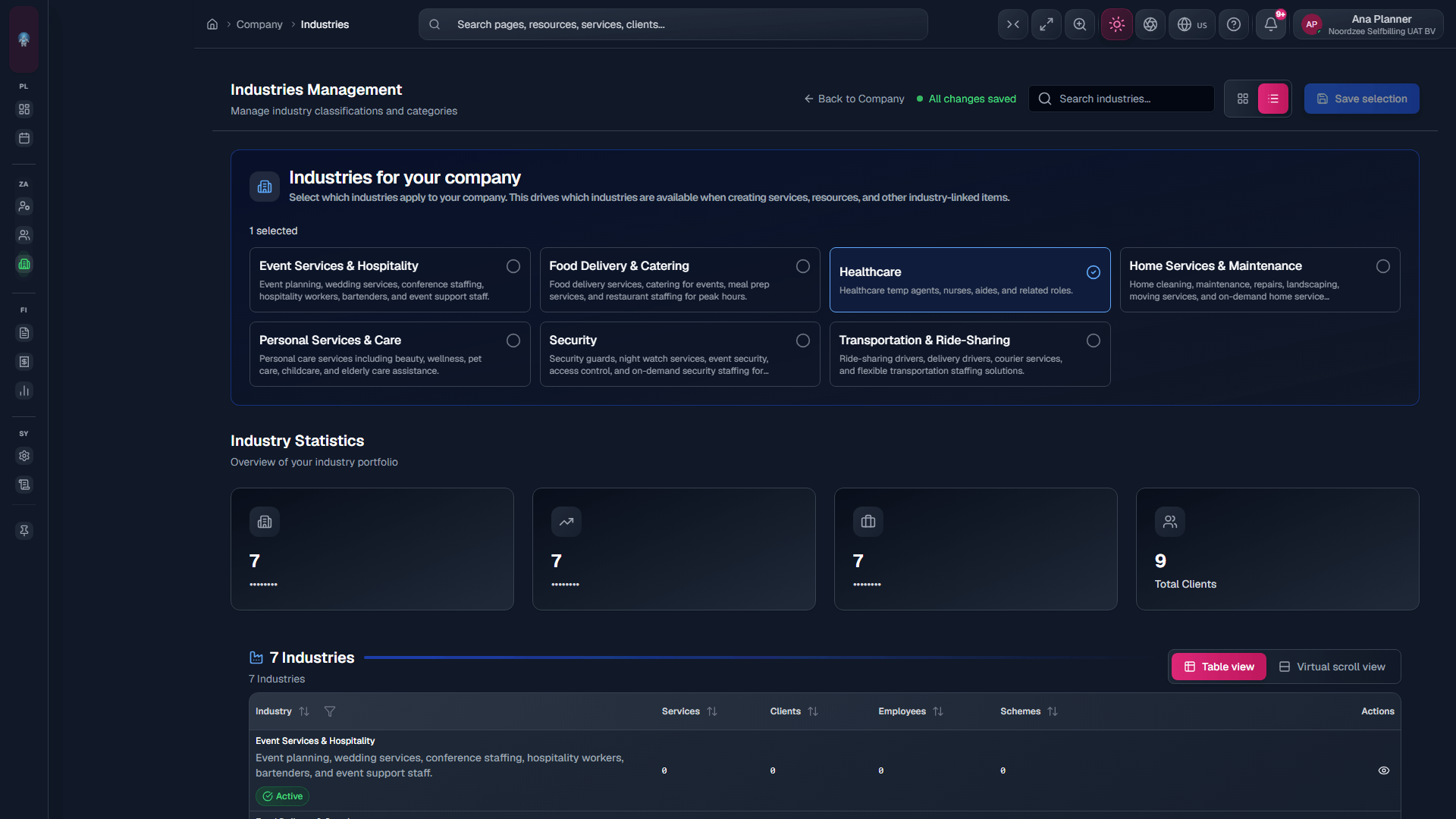 Industries list: company checkboxes and Save (/company/industries).