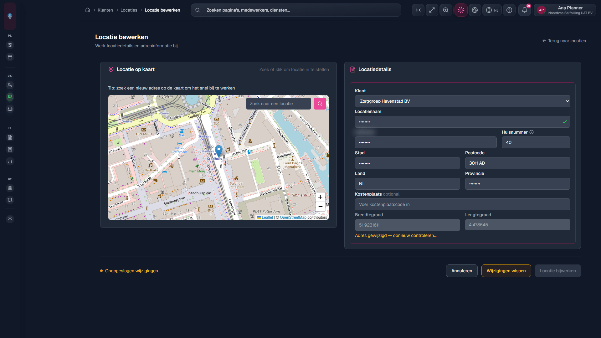 Locatie bewerken: adres of status bijwerken zonder het siterecord te verliezen.