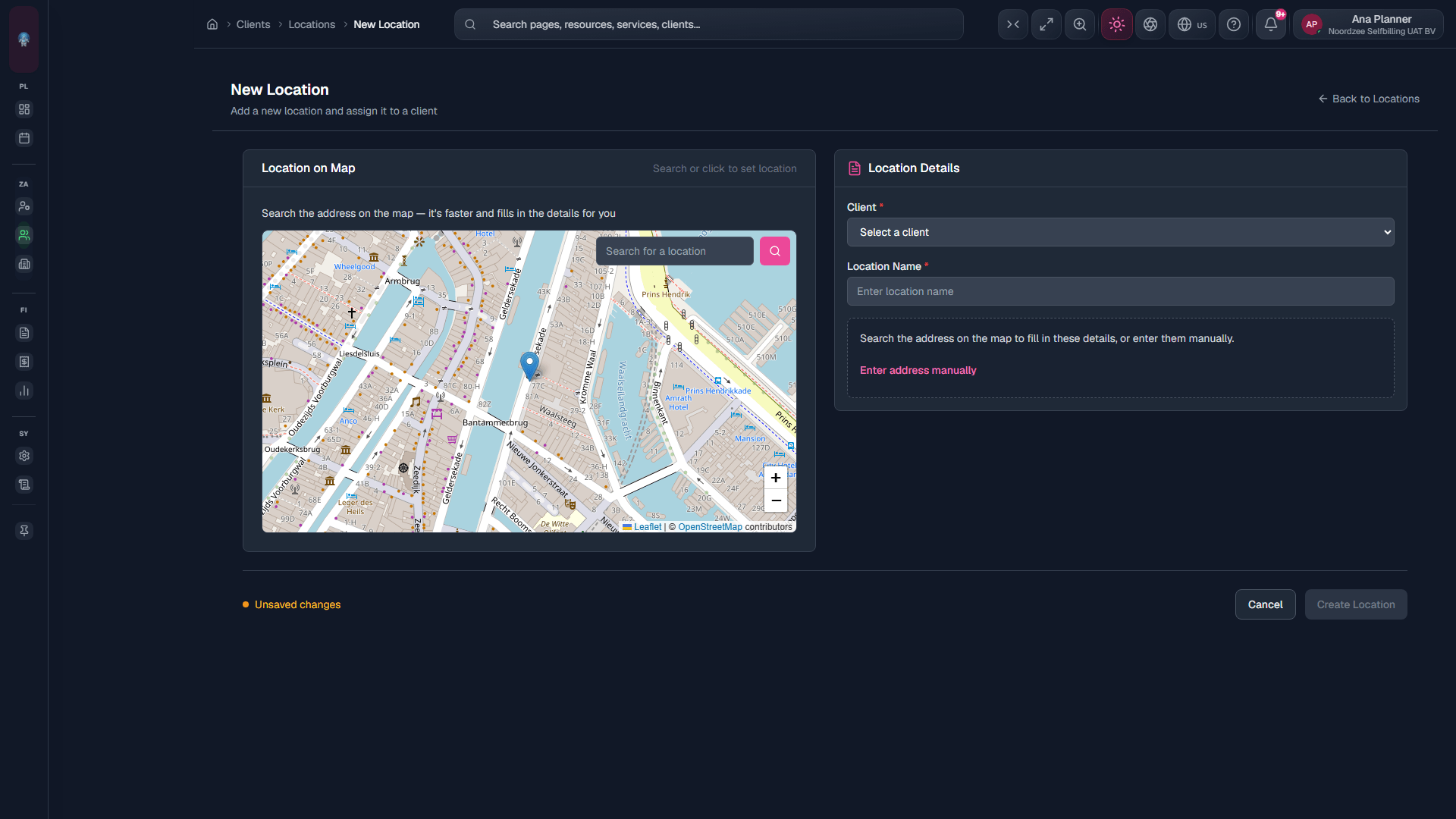 New location: client + address; geocode when available.