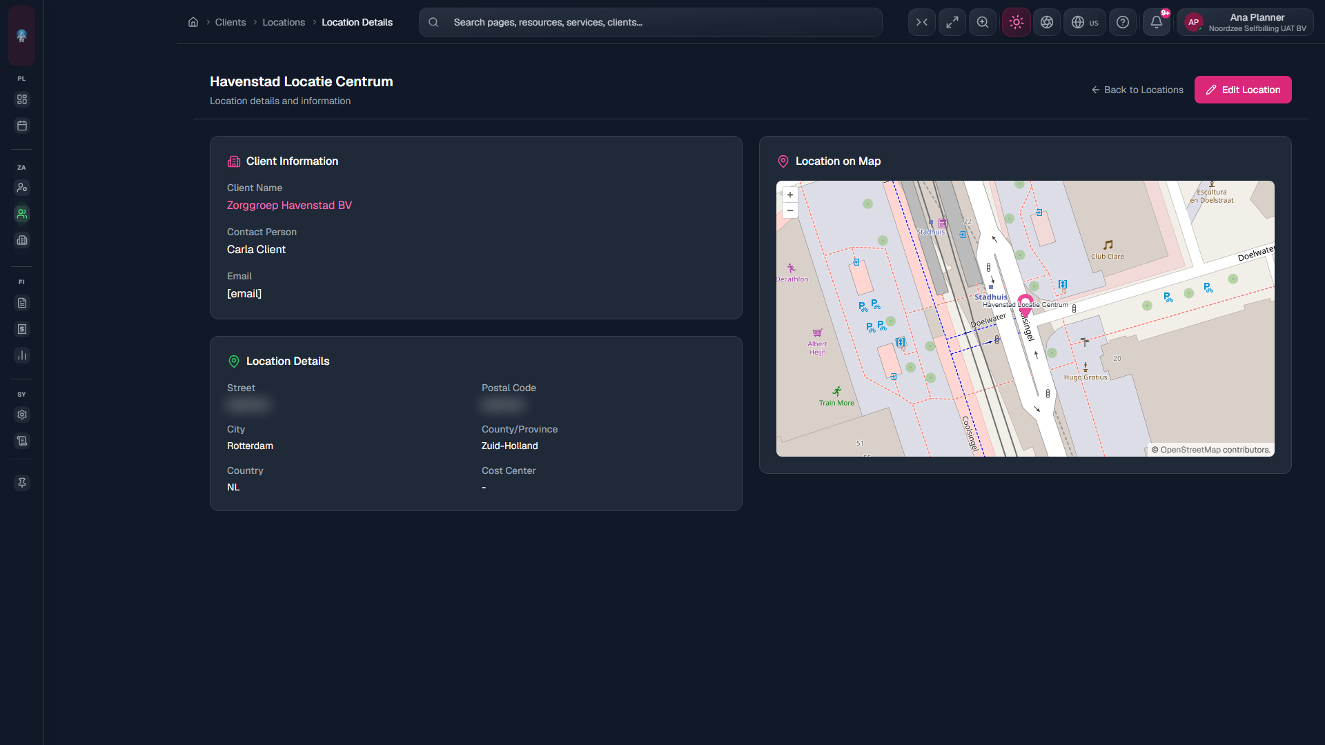 Location detail: address, client, and map (/clients/locations/location?id=).