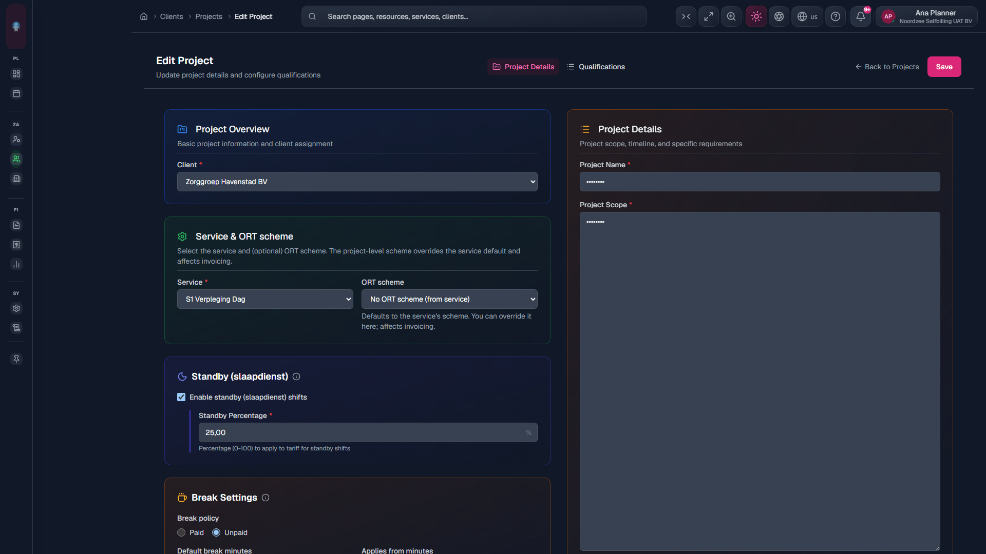 Edit project: update delivery setup; optional qualifications tab.