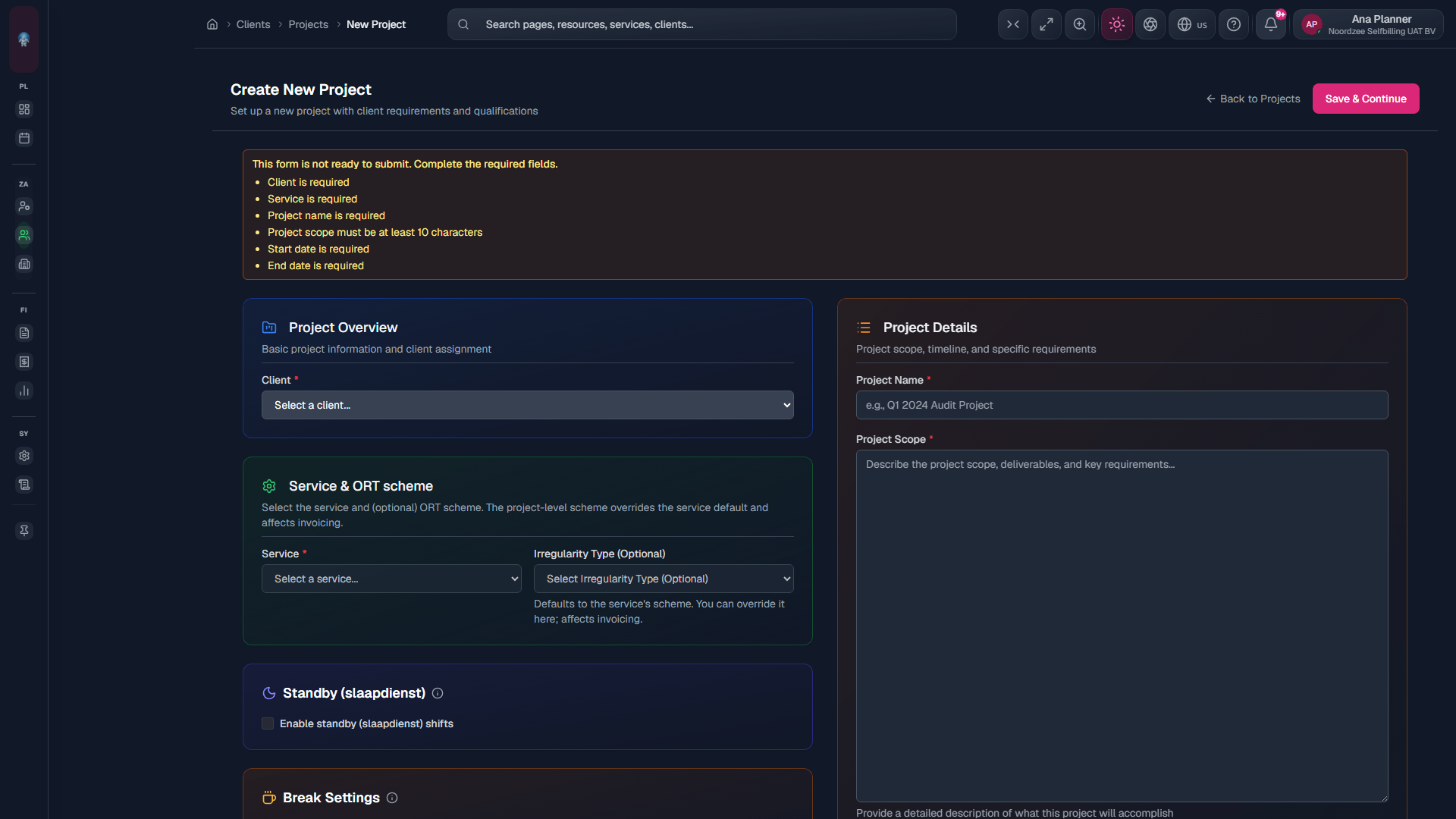 New project: client, name, dates, optional service.